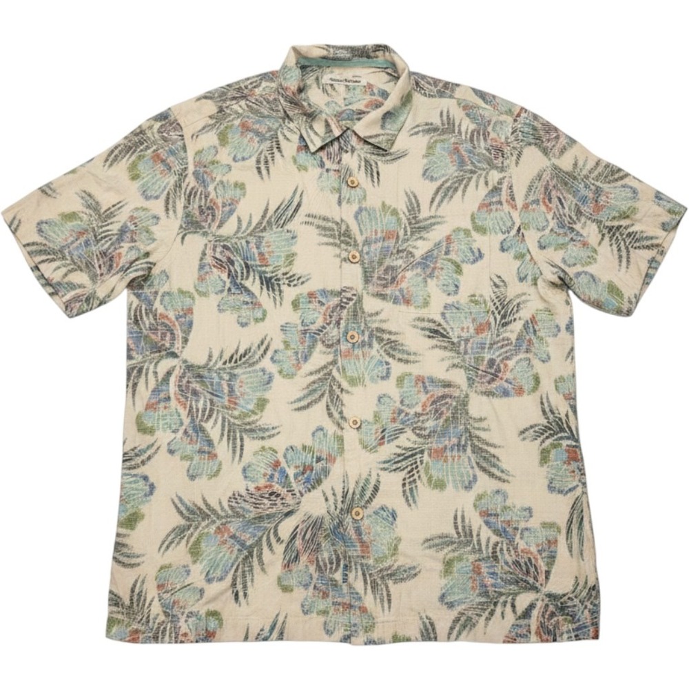 Tommy Bahama Button Down Mens L Beige Tropical Silk Blend Excellent IslandZone